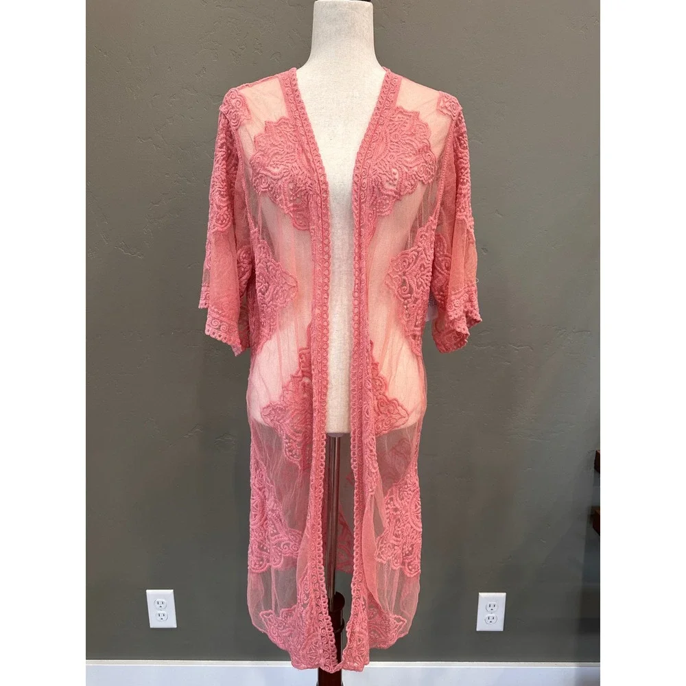 Pink Crochet Lace Overlay Kimono Cardigan Cover Up S M Romantic NWT Elegant Boho